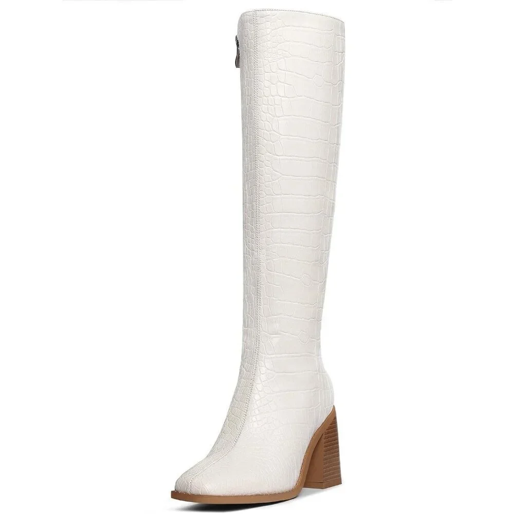 Women Crocodile White Polyurethane Knee High Square Toe Block Heel Tall Boots